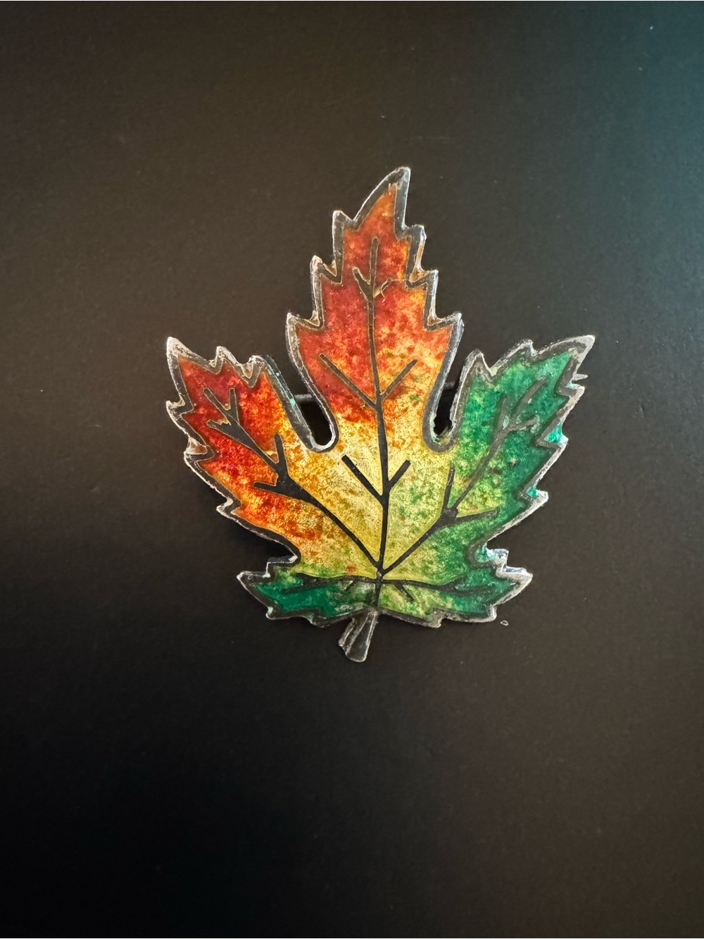 Antique Sterling Silver Enamel Maple Leaf Brooch - Fall Autumn - Vintage Pin